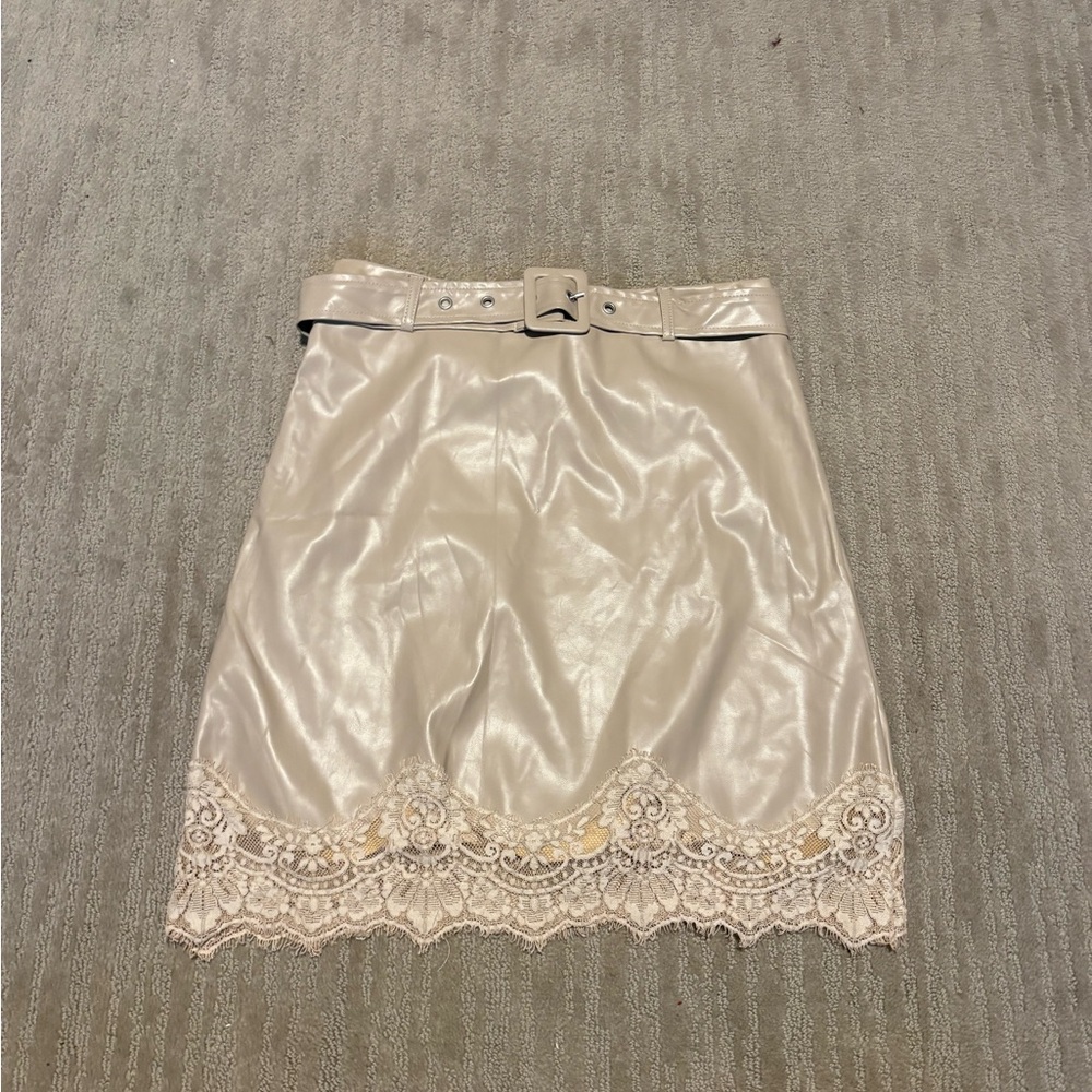 SHEIN Cream Faux Leather Mini Skirt with Lace Trim & Matching Belt
